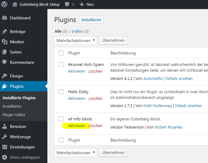 Das neue Plugin wird in der Plugin-Übersicht aktiviert.